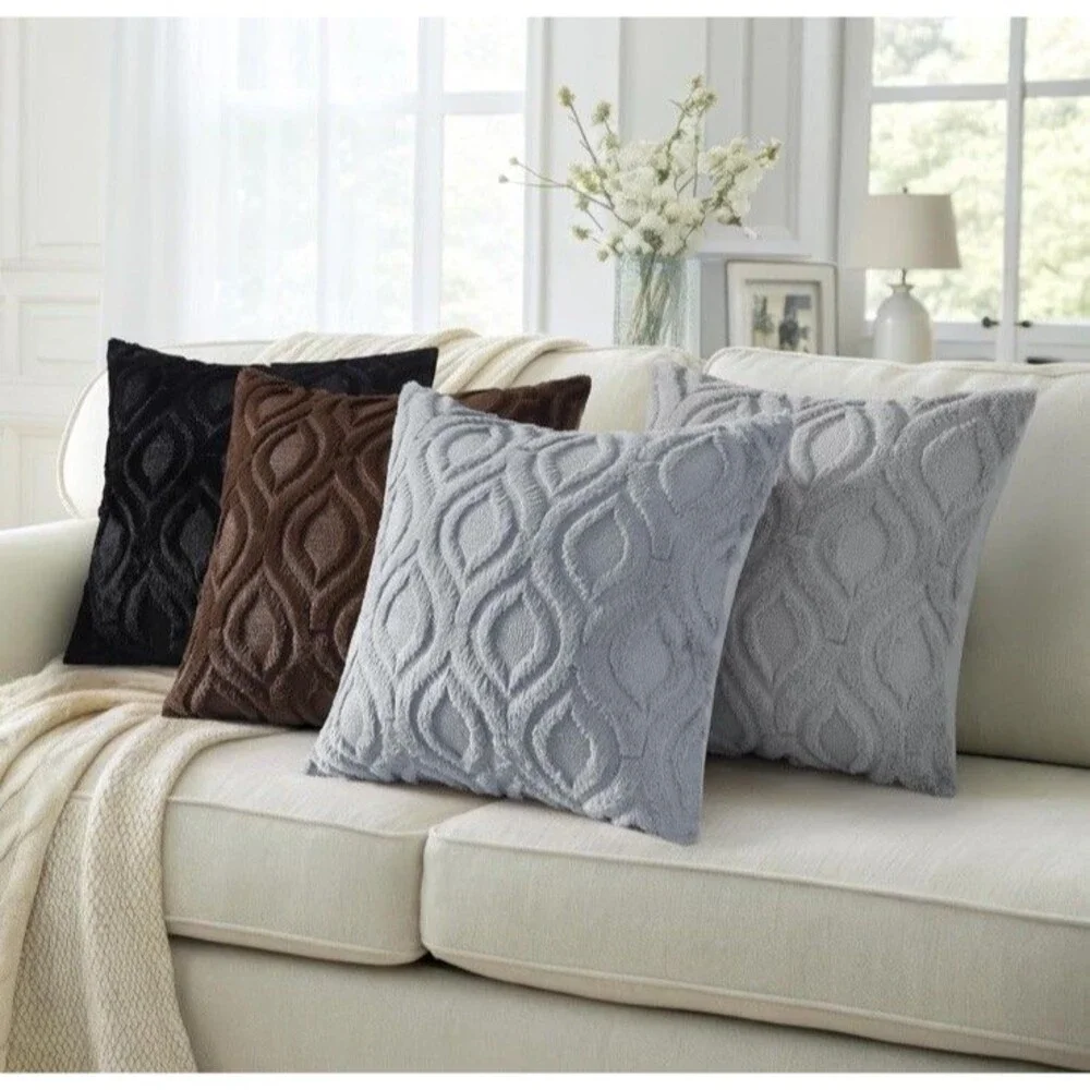 Pillow Covers 18X18in Set Of 2 Soft Plush Faux Fur Textured Blue Gray Farmhouse